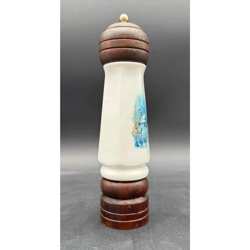 Vintage Pepper Grinder Wood and Porcelain Blue and White Winter Scene